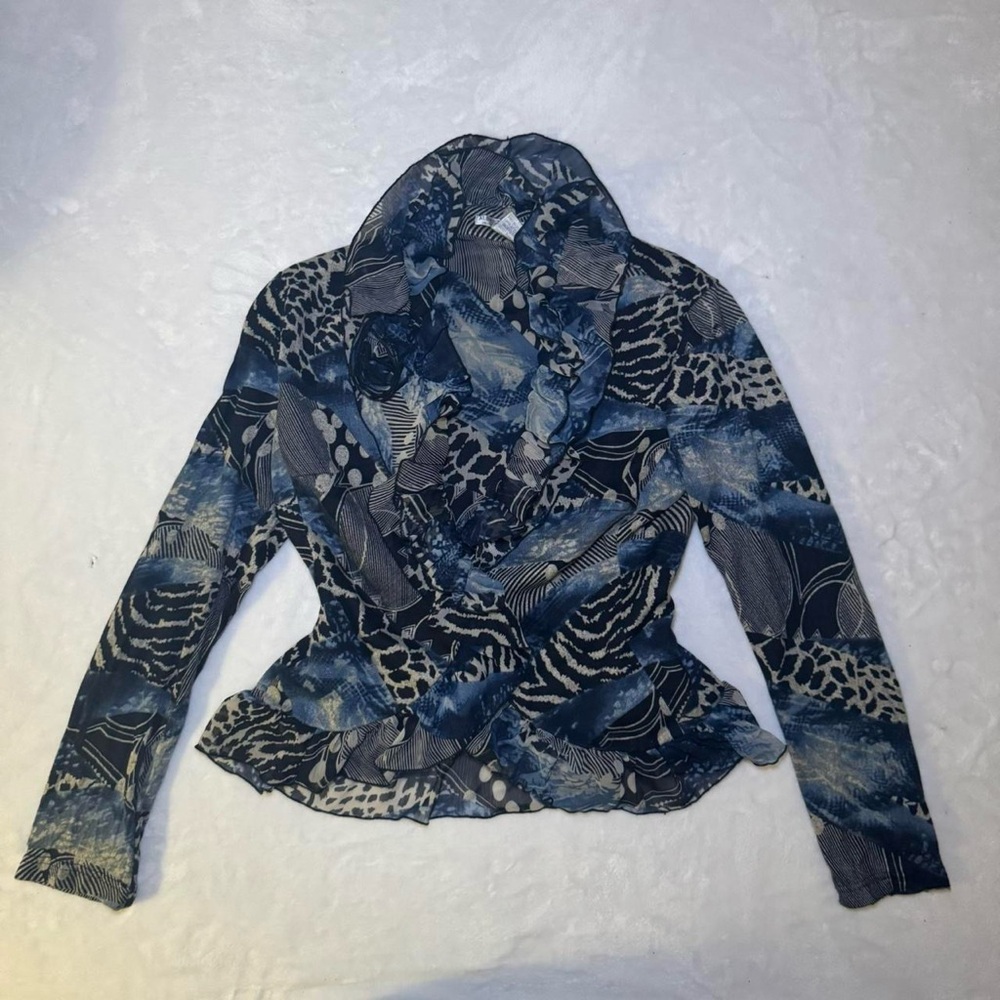 Vintage 90s Blue and black mesh long sleeve blazer jacket top by Alberto Makali - Picture 4 of 11